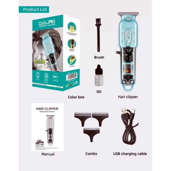 Daling DL-1585 USB Rechargeable Professional Hair Trimmer With Transparent Body And LED Display - Image 6