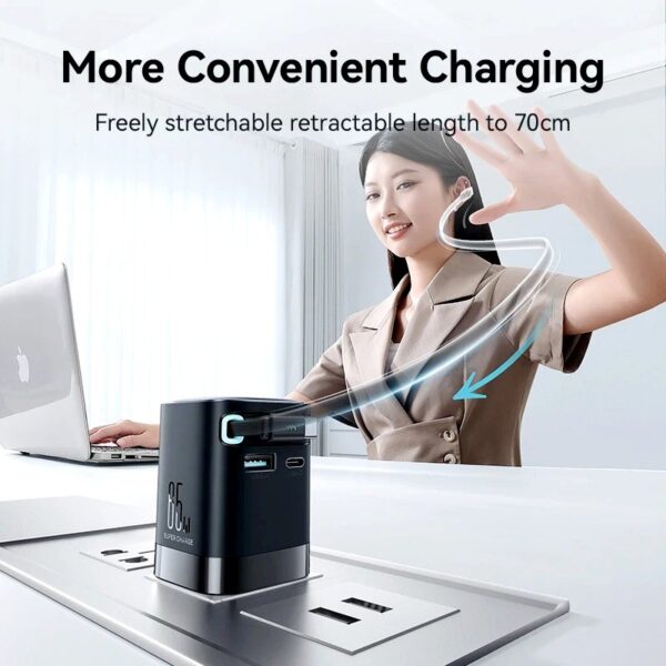 Joyroom JR-TCL02EU 65W GaN Charger with Retractable USB-C Cable, Dual-Port USB-A & USB-C, PD 3.0 powerful Fast Charging, Compatible with Laptops & Smartphones - Image 9