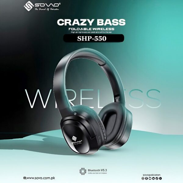 SOVO SHP-550 Crazy Bass Series Wireless Bluetooth 5.3 Headphones – ANC, Foldable Design, HD Sound, Soft Earpads