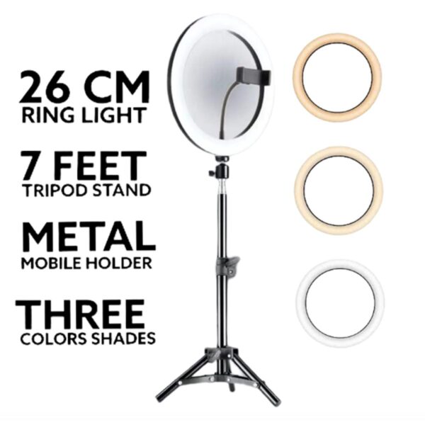 26cm Ring Light with stand, Mobile Holder, Stand Holder and 7ft Stand, RingLight with 7 Feet Stand, Three Colours Makeup LED RingLight with Tripod Stand, ...