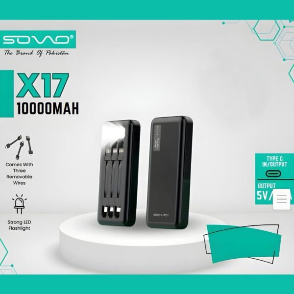 SOVO X17 10000mAh Power Bank with Built-In 3 Cables and LED Flashlight