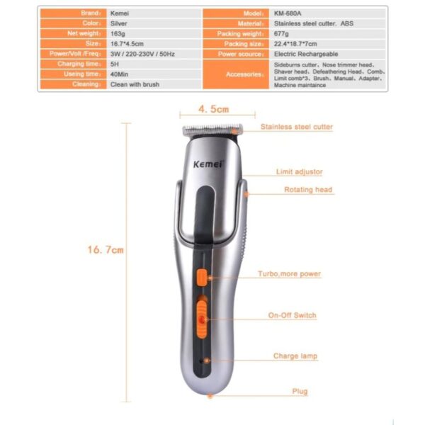 Kemei 680A Multifunction New Cutter Electric Rechargeable Hair Trimmer Shaver Cordless Adjustable Clipper - Image 3