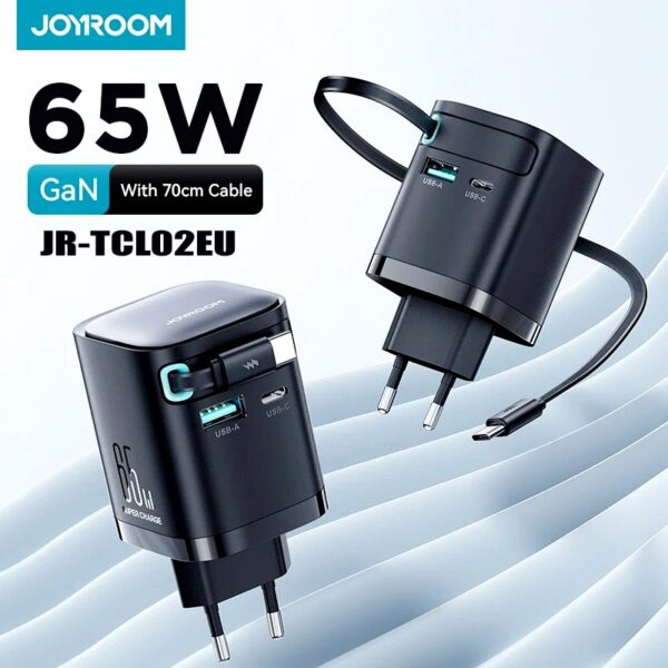 Joyroom JR-TCL02EU 65W GaN Charger with Retractable USB-C Cable, Dual-Port USB-A & USB-C, PD 3.0 powerful Fast Charging, Compatible with Laptops & Smartphones