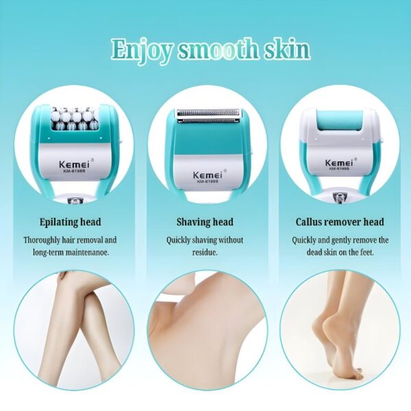 Kemei KM-6198B 3-In-1 Multifunctional Electric Shaver, Callus Remover, And Epilator For Women - Image 3