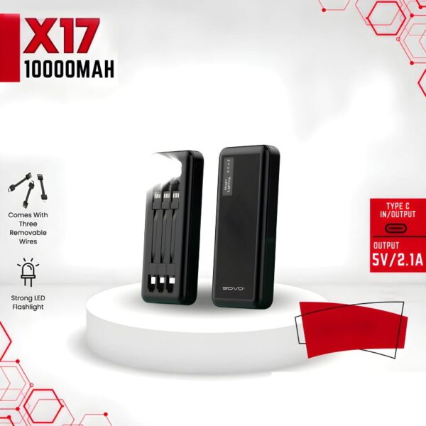 SOVO X17 10000mAh Power Bank with Built-In 3 Cables and LED Flashlight - Image 4