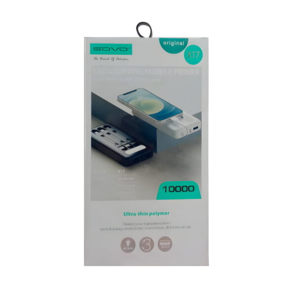 SOVO X17 10000mAh Power Bank with Built-In 3 Cables and LED Flashlight - Image 5